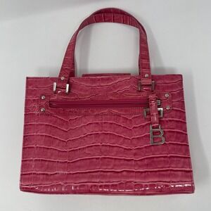 Bisou Bisou Pink Croc Embossed Patent Faux Leather Shoulder Bag Y2K B Logo Charm